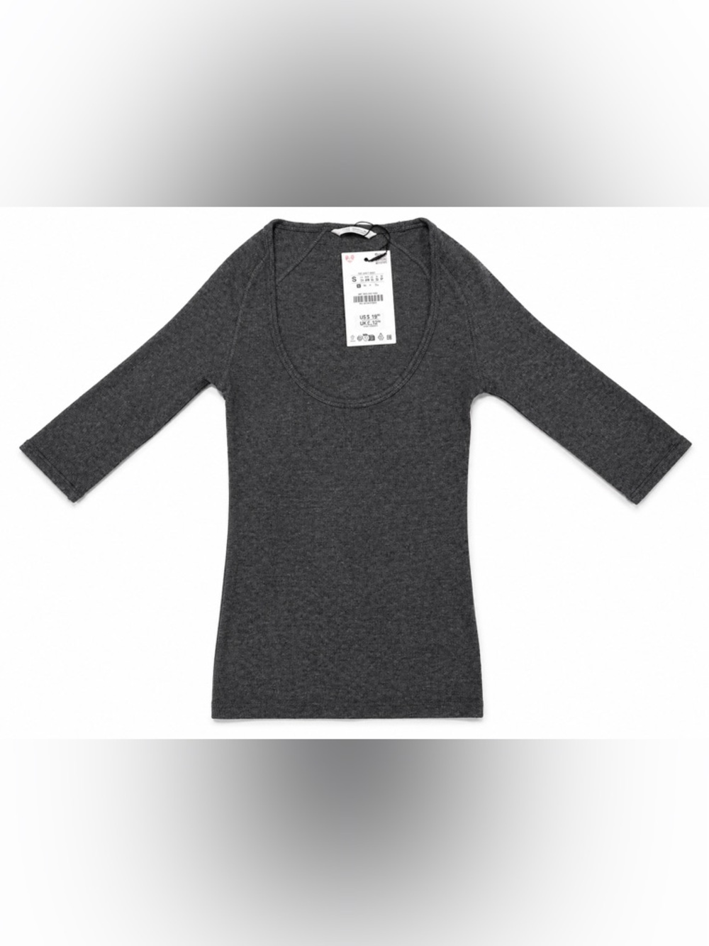 Zara Women's Scoop Neck Ribbed 3/4 Sleeve Top Small  - Charcoal Gray